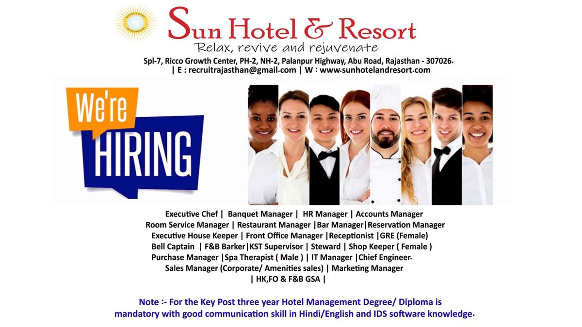 Multiple Job Vacancy at Sun Hotel & Resort, Abu Road [Apply Now]
